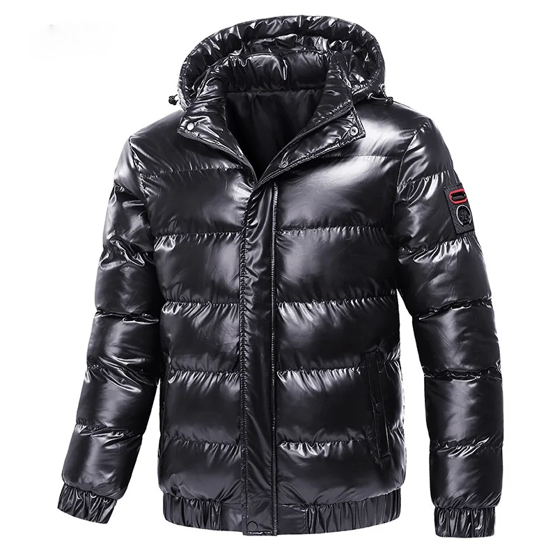 Jesienny płaszcz męski Wiatrówka Moda Męska Bawełniana Ciepła Parka Błyszczący Puchowy Kaptur Casualowa Odzież wierzchnia Termiczne Czarne Kurtki Bomber Mężczyźni