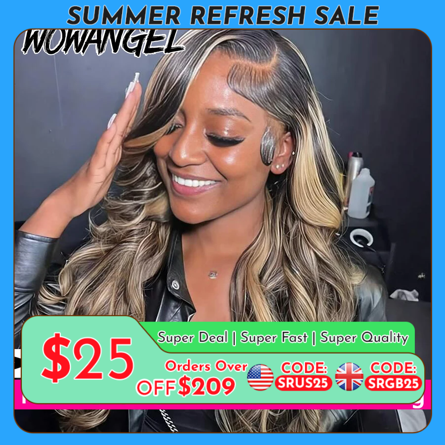 WOWANGEL 1B/27 Peluca de Cabello Humano con Ondas Corporales y Reflejos, Frontal de Encaje HD 13x6, Pre-arrancada, Encaje HD 5x5, Sin Pegamento, Nudos Decolorados
