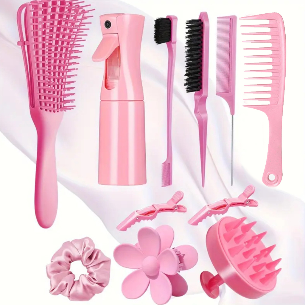 11 pièces ensemble de brosses à cheveux pour femmes et hommes, brossage des bords et du dos, ensemble de brosses à cheveux bouclés avec flacon pulvérisateur pince à cheveux fleur