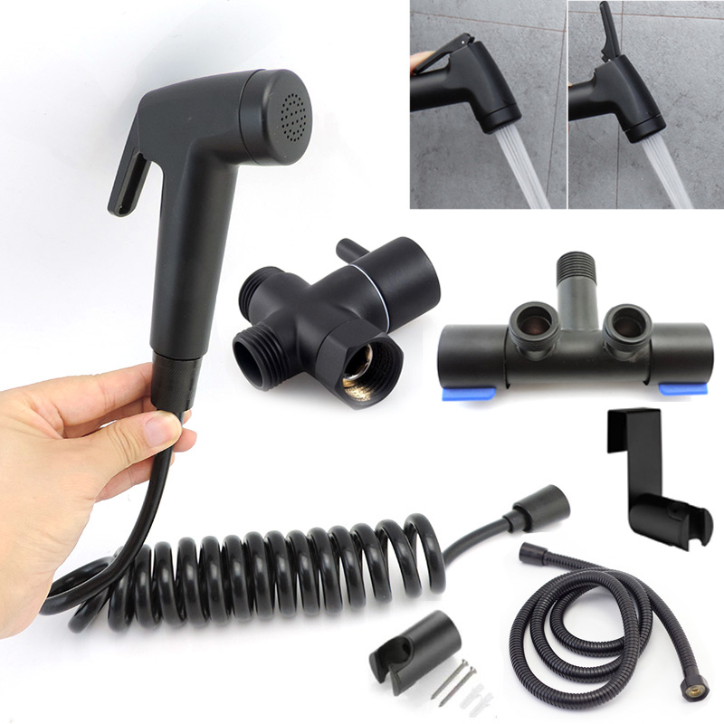 Noir toilette Douche Bidet pomme de Douche à main tuyau Valve Spray musulman sanitaire Shattaf Kit support salle de bain fixation Shattaf