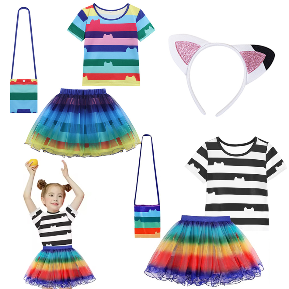 Casa de muñecas Gabby para niños, camiseta a rayas, falda de arcoíris, conjuntos de bolsos, ropa de fiesta de cumpleaños y Carnaval para niñas, trajes elegantes para niños