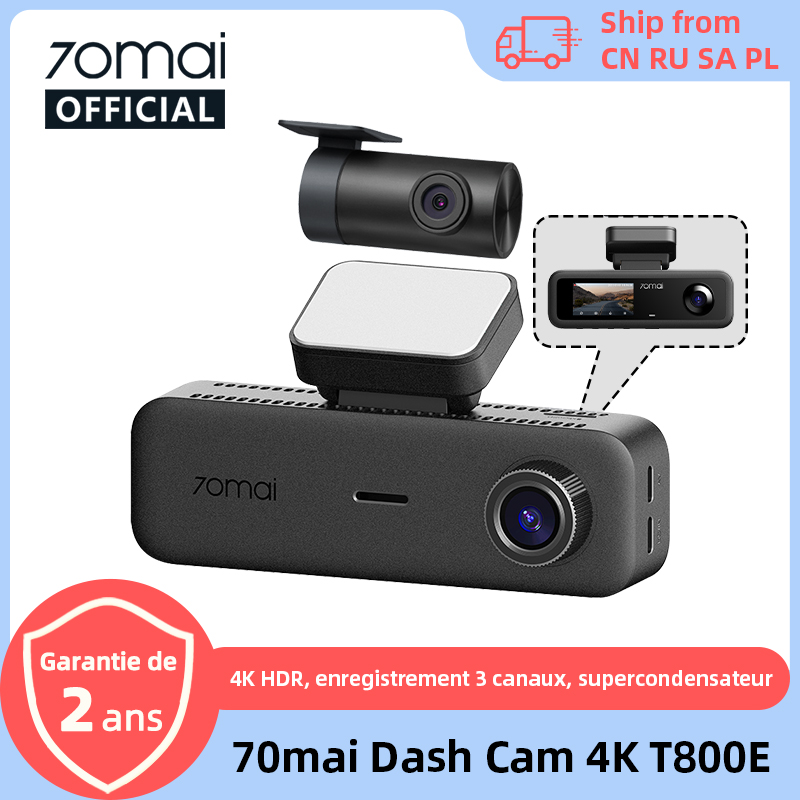 70mai T800E 3 canaux : avant 4K + arrière 1080p + intérieur 1080p HDR, supercondensateur, stationnement 24h/24, GPS, WiFi 6, commande vocale 70mai T800E