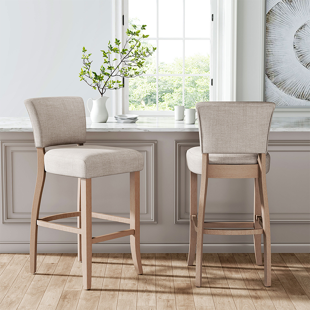Haodirect 2 Piece Linen Upholstered Bar Stools, Reliable Back Dining Stools for Kitchen Island Cafe, 47cmW x 60cmD x 105cmH