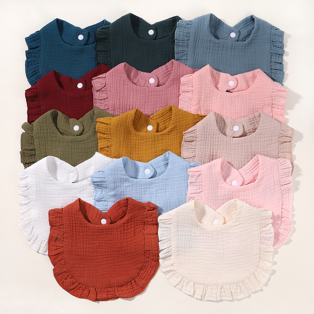 Babadores para recém-nascidos, panos infantis para arrotar, coisas para alimentação de bebês, bandana, toalha de saliva, babador de cor sólida com babados, acessórios para bebês