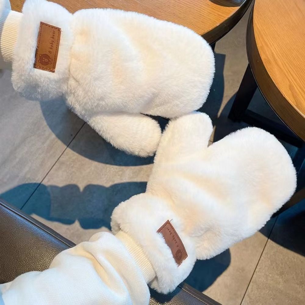 1 par de guantes cálidos bonitos de invierno para mujer, nuevos guantes gruesos y esponjosos de felpa blanca, guantes con letras de terciopelo, talla única