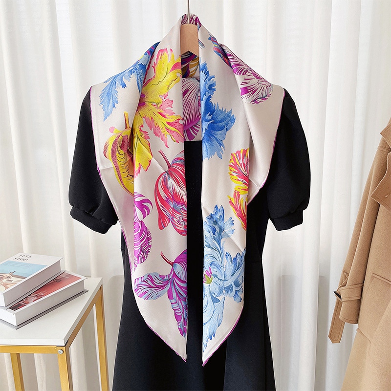 Floral syal sutra 90 wanita, selendang kepala sutra 100% untuk pembungkus rambut
