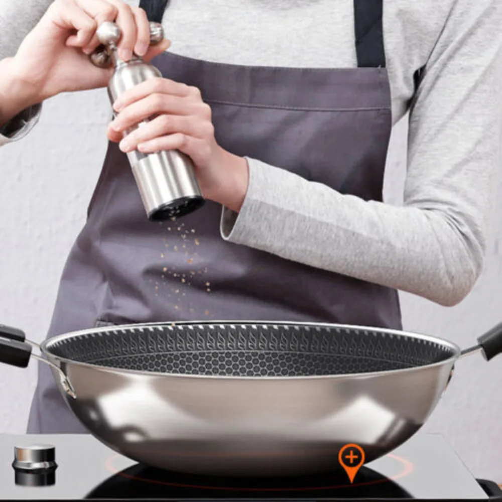 Patelnia wok ze stali nierdzewnej o średnicy 34 cm - Patelnia z powłoką nieprzywierającą i pokrywą ze szkła hartowanego - Zdrowa patelnia do gotowania chińskiego