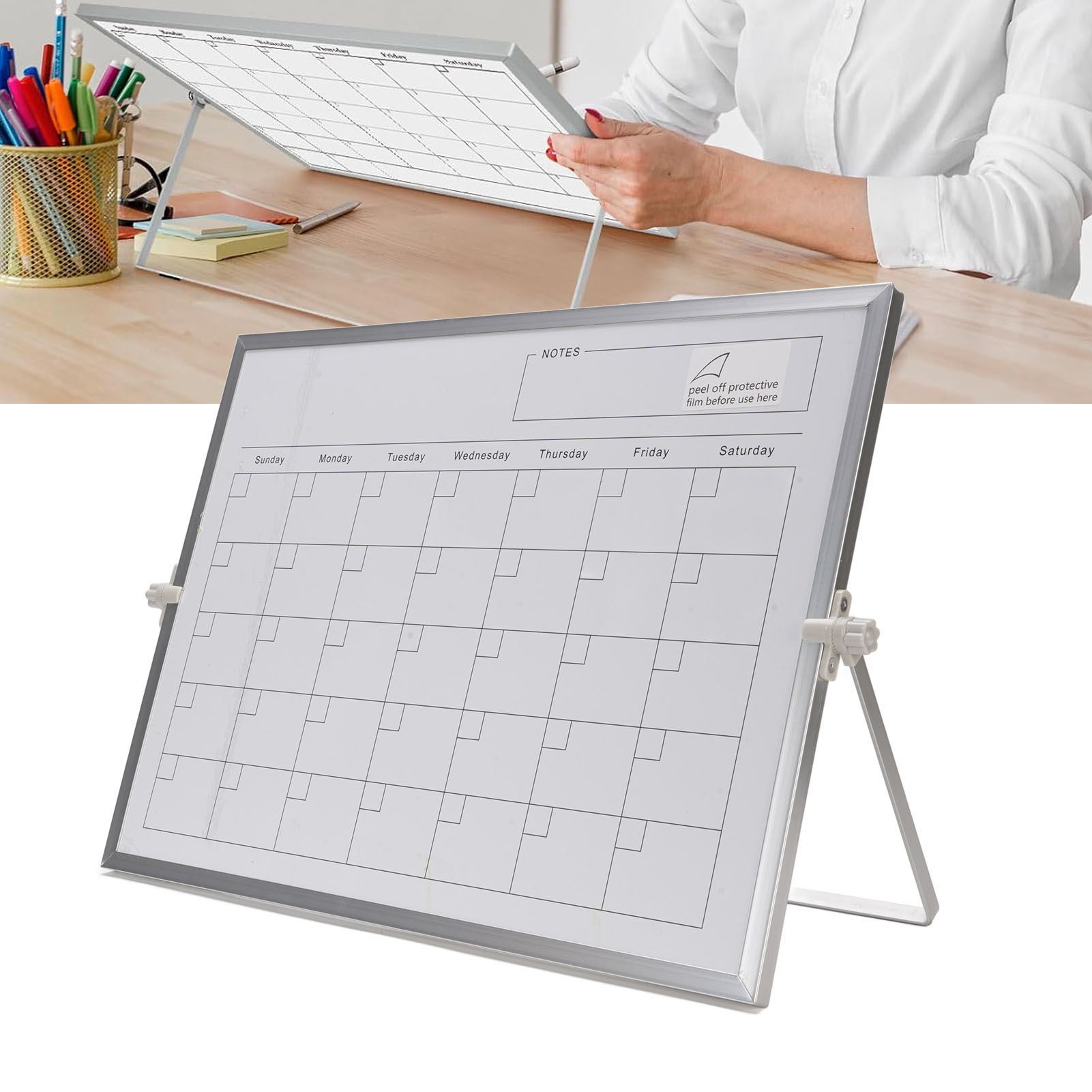Calendario Pizarra blanca Calendario de borrado en seco 30x40cm Calendario de pizarra blanca de escritorio magnético de doble cara Planificador mensual con soporte