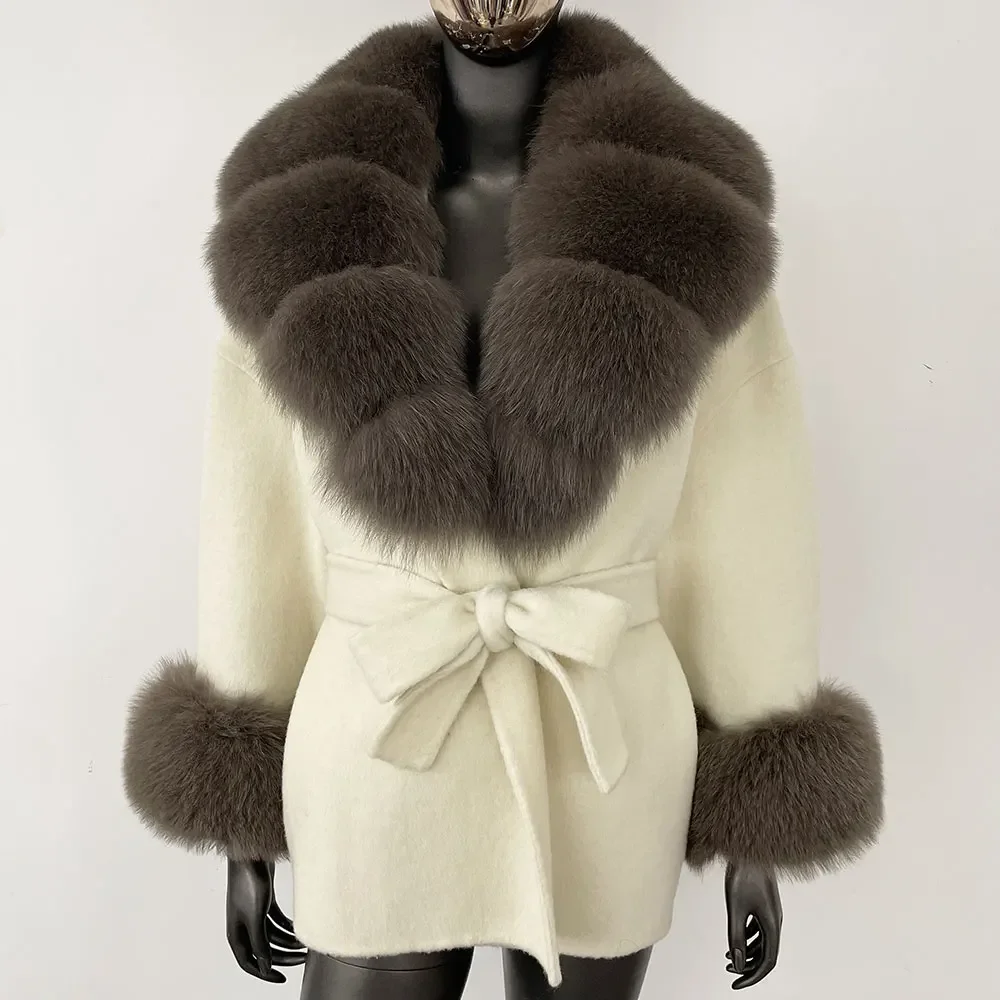 Cinto bolso jaqueta de inverno feminino solto outerwear casual streetwear natural real guaxinim pele de raposa misturas casaco de lã