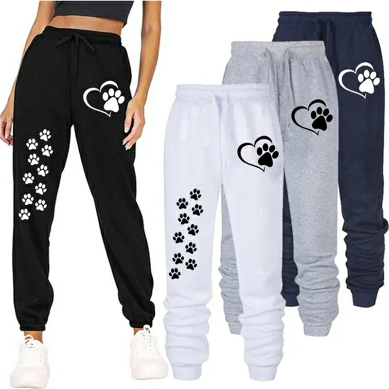 Calça de moletom feminina com estampa de pata de gato, calça fitness de alta qualidade, calça de corrida casual ao ar livre