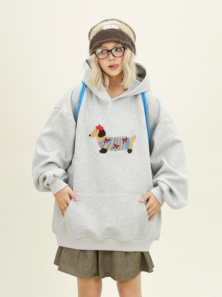Sudadera con capucha holgada para mujer, ropa de calle informal con bordado de perro de dibujos animados, jersey con capucha para parejas, Otoño e Invierno