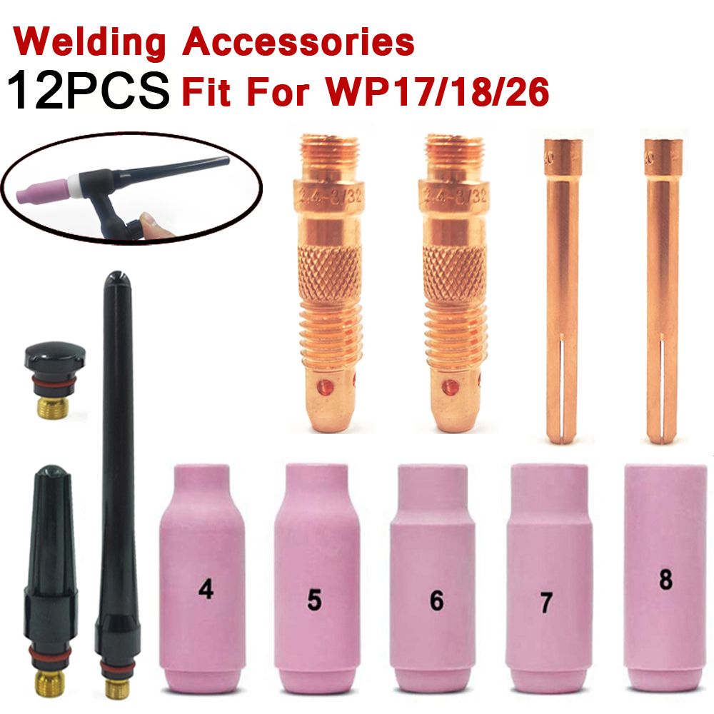 Soplete de soldadura TIG consumible, boquillas de cerámica, tapa trasera para WP17, WP18, WP26, accesorios prácticos y duraderos, 12 piezas
