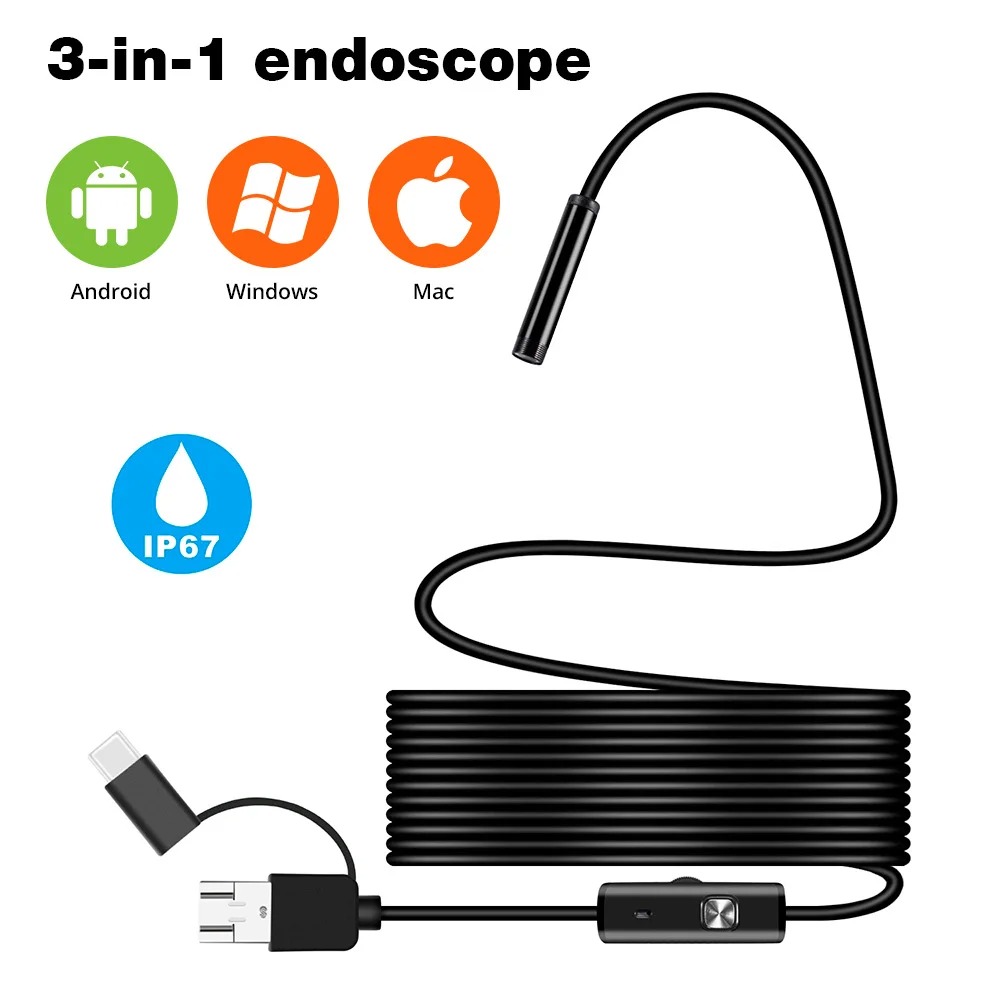 Endoskop USB 3 w 1 do telefonów Android z OTG, boroskop inspekcyjny 7 mm do PC, MacBooka, kamera wężowa do rur