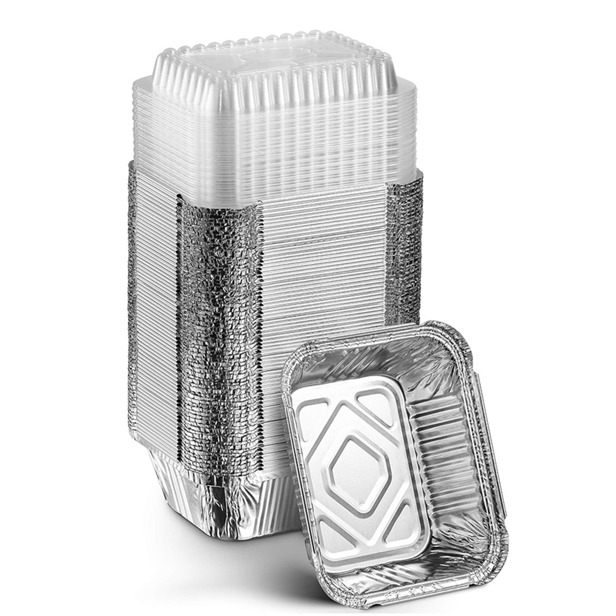 Wegwerppan voor afhaalpans met transparant deksel, rechthoekig aluminiumfoliebak, strak afgedicht, capaciteit van 410 ml