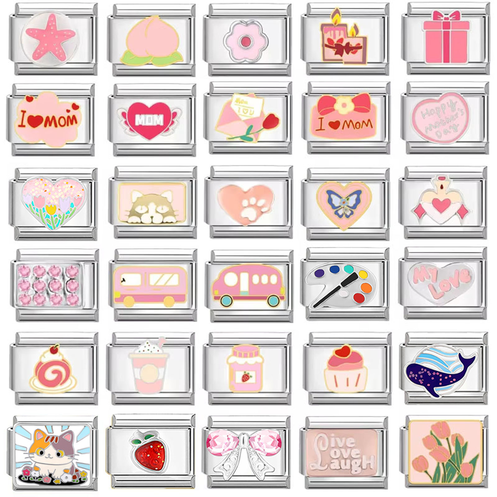 สร้อยข้อมือลูกปัดสเตนเลสขนาด9มม. น่ารักรูปแมวเค้กรูปหัวใจสีชมพูหวาน