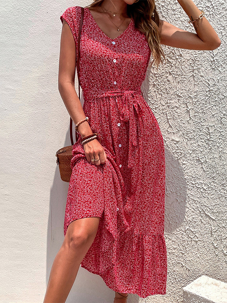 Vestido Floral Chic de Verão para Mulheres com Decote em V e Mangas Curtas com Detalhes em Renda