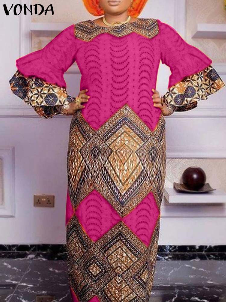 VONDA-Vestido largo de talla grande 5XL para mujer, maxivestido bohemio con estampado, informal, de manga larga, con volantes, holgado, Vintage, para vacaciones, 2024