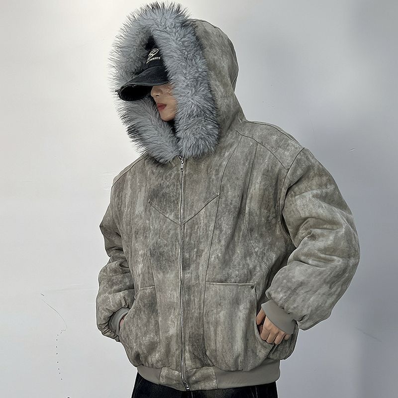 Jaqueta masculina de algodão de inverno com gola de pele, bordado de águia e design tie-dye, espessada e aconchegante para casaco masculino estilo ao ar livre