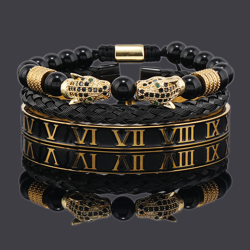Luxus Schwarz Stein Perlen Leopard Kopf Mann Armband Emaille Edelstahl Römischen Armreifen Frauen Schmuck Set