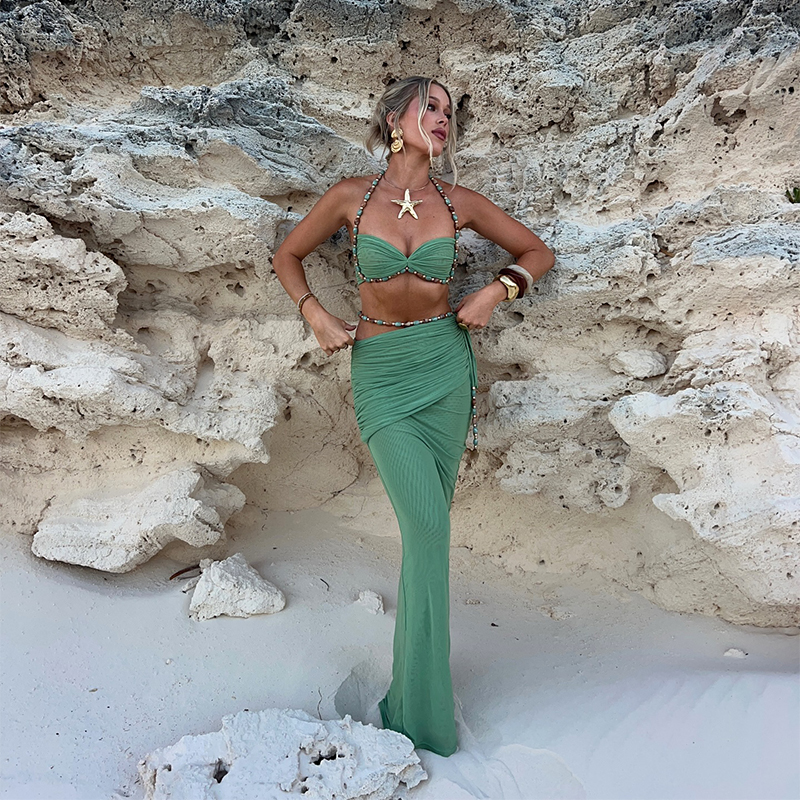 Strandjurk set voor dames met kralenketting, halter, sexy rugloze korte top, geplooide, luchtige halflange jurk, zomer zwemset 2026