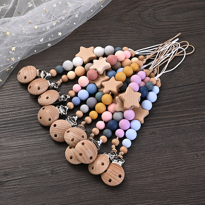 Novo bebê chupeta corrente clipes de madeira pentagrama mordedor silicone contas redondas dentição corrente para cuidados chupeta mastigar brinquedos chuveiro presente