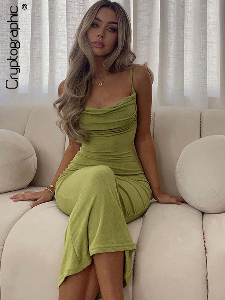 Cryptographic elegante Sexy drapeado Maxi vestido trajes de verano para mujeres vestido de fiesta sin mangas Spaghetti Strap vestidos ceñidos