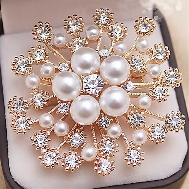 Broches grandes de copo de nieve con perlas de diamantes de imitación, broche de nieve de Navidad, Pin de cristal, joyería de moda para mujer