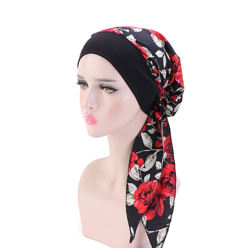 Berretto turbante pre-annodato stampato da donna Foulard a coda lunga Bandana elasticizzata Cappucci interni hijab musulmano Copri perdita di capelli Berretti Cofano