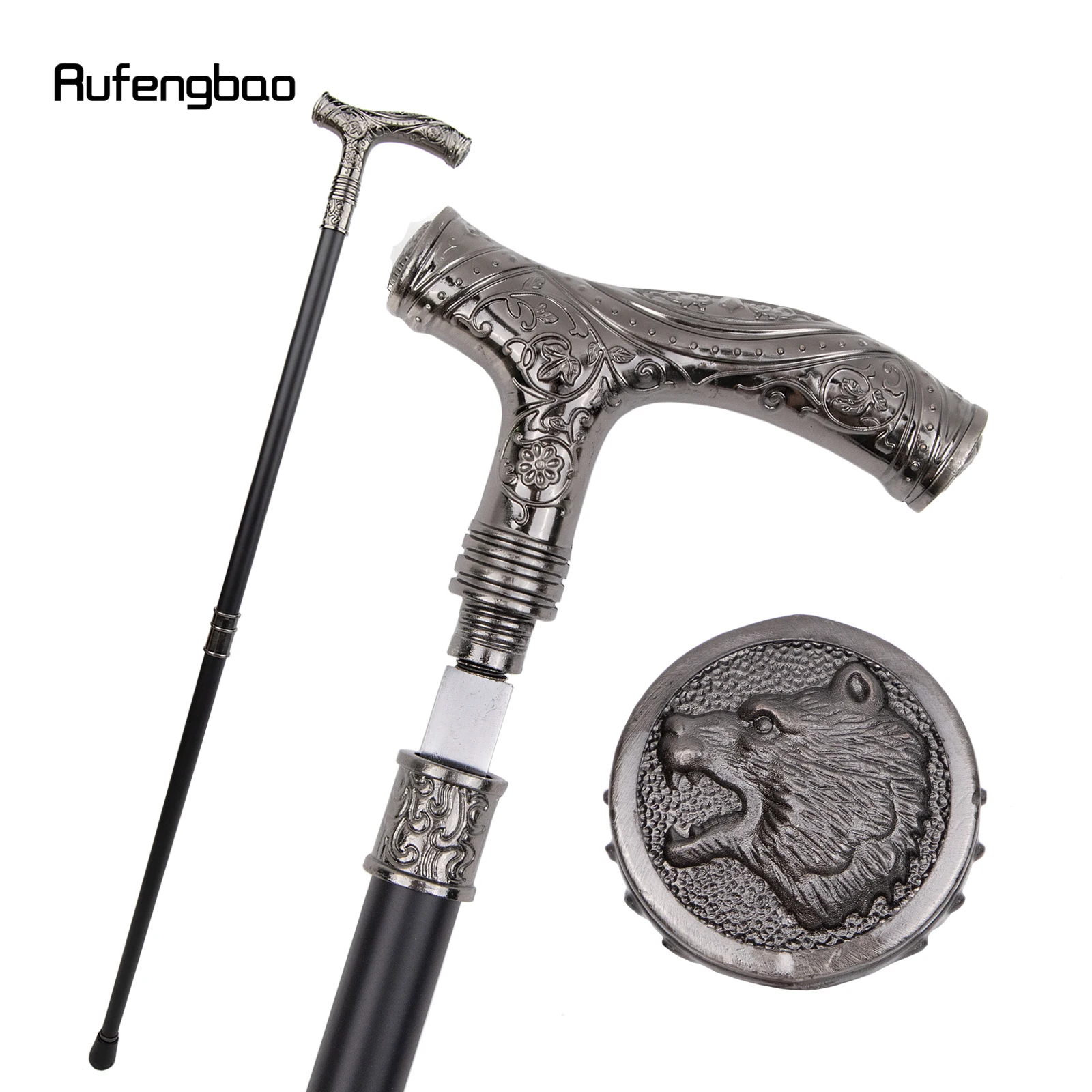 Silver Roaring Bear Head Flower Walking Stick with 26cm Hidden Sword Self Defense Fashion Cane Sword Cosplay Crosier Stick 93cm