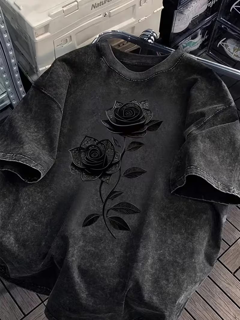 เสื้อยืดพิมพ์ลายกราฟิกดอกกุหลาบสีดำเข้ม สไตล์วินเทจลำลอง สตรีทแวร์ ใส่ได้ทุกวัน แขนสั้น สไตล์โกธิค สำหรับผู้หญิง