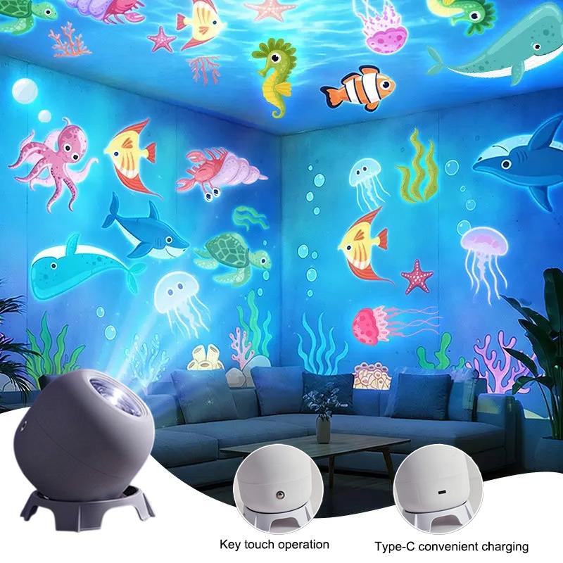 Projetor de Luz LED Oceânico 360 °   Luz ambiente giratória alimentada por USB, lâmpada noturna dinâmica portátil para uso em viagens e acampamentos