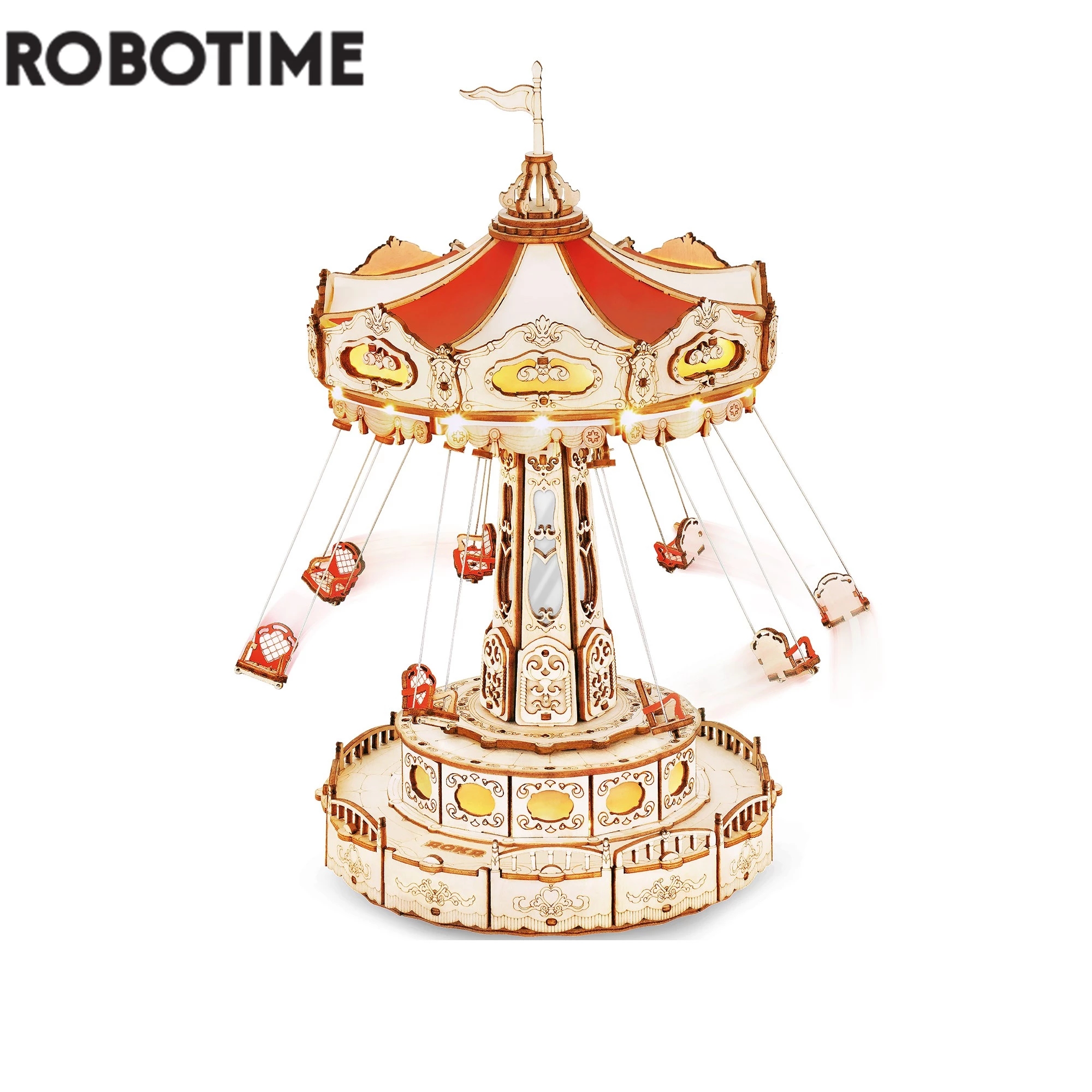 Robotime Rokr Swing Ride Diy Muziekdoos Bouwsteen Pretpark Serie Voor Kinderen Volwassenen Cadeau Eenvoudige Montage 3d Houten Puzzel