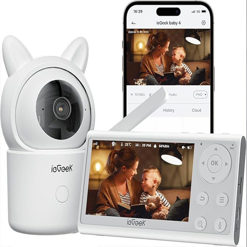 ieGeek 1080p babyfoon met camera en nachtzicht, telefoonapp en 4,3 inch gesplitst scherm en app-bediening, 3000 mAh batterij