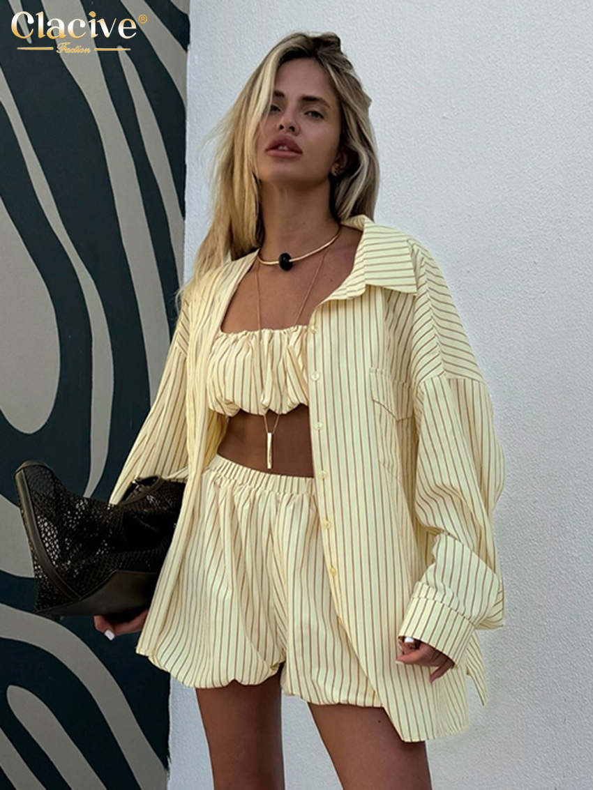 Clacive moda solta listra impressão 2 peça conjunto feminino 2025 elegante camisa de manga longa + tubo superior com shorts de cintura alta conjunto feminino