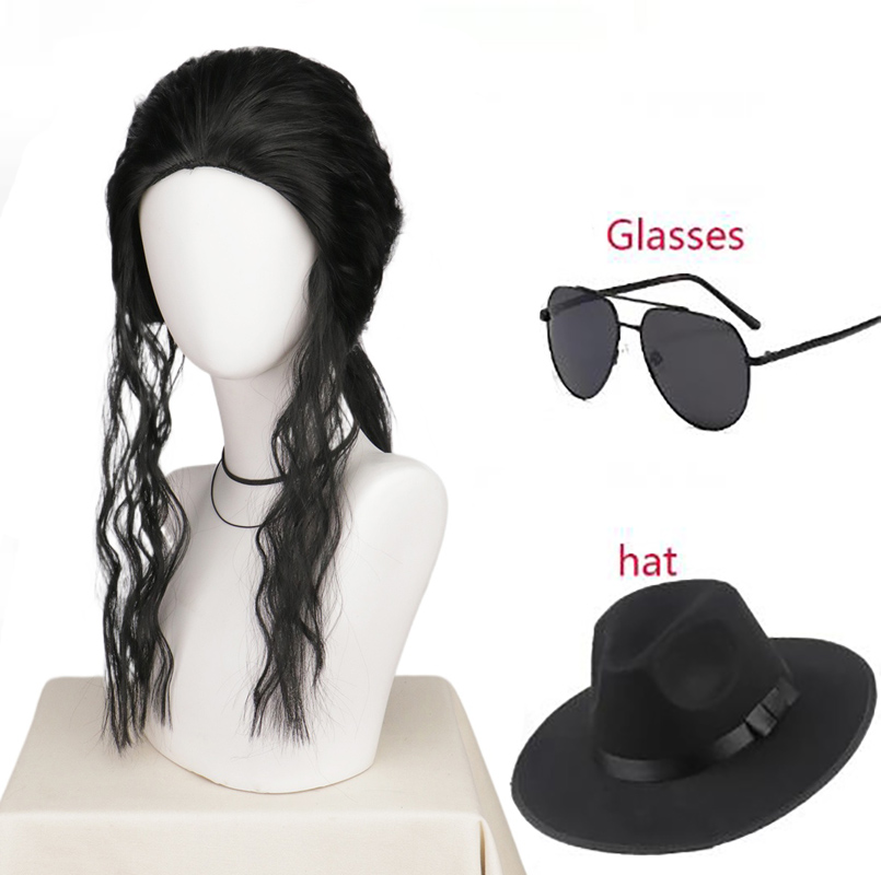 Peluca o gafas de cosplay de Michael Jackson, peluca sintética larga y rizada negra de MJ, accesorios para el cabello, accesorios para cosplay de Halloween