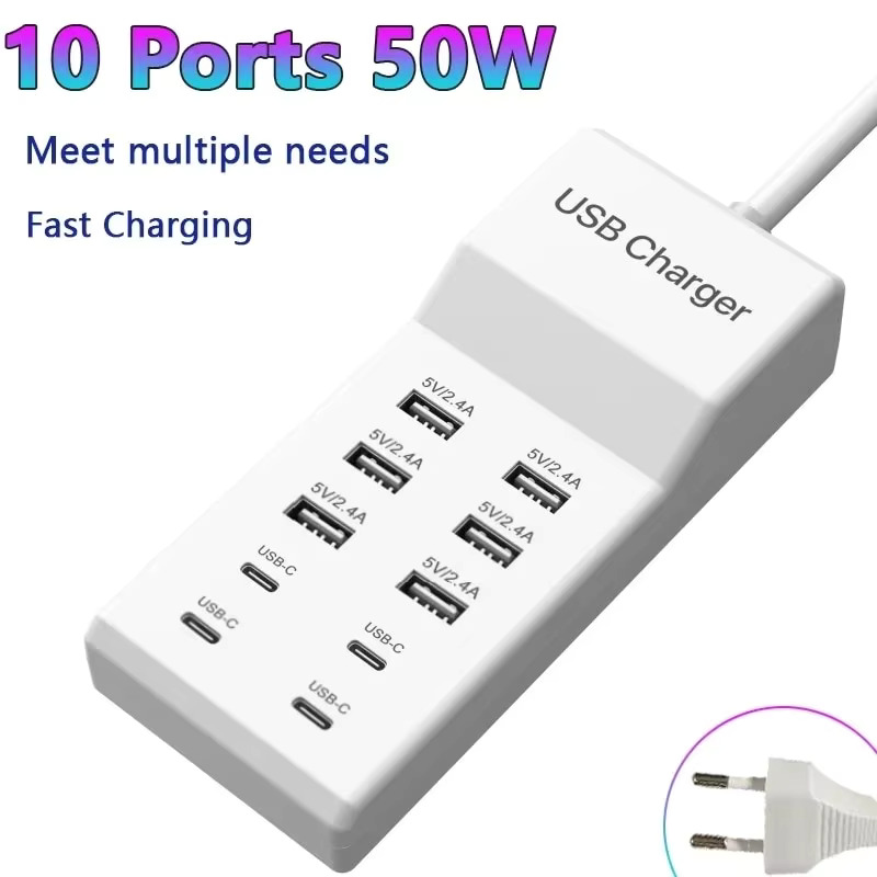 Cargador USB 10 en 1 50W PD tipo C cargador de carga rápida adaptador de teléfono de pared cargador rápido 3,0 USB Hub UE EE. UU. Reino Unido enchufe tipo C cargador