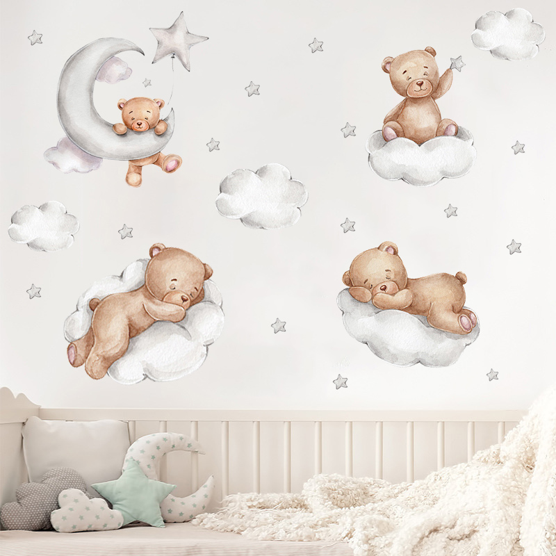Autocollants Muraux en Vinyle avec Motif Ours, Étoile et Nuage pour Chambre d'Enfant, Fille et Garçon, Décoration de Chambre de Bébé, Papier Peint Animal de Dessin Animé Kawaii