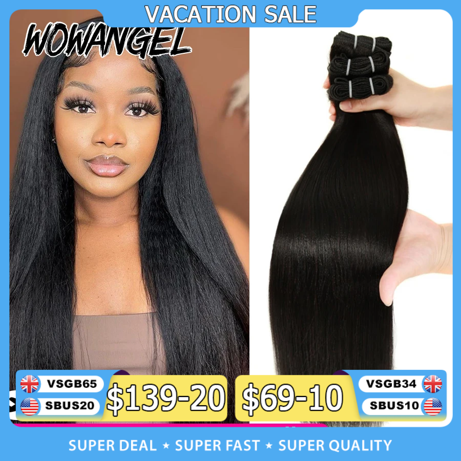 WOWANGEL Bundel Rambut Manusia Lurus Yaki Ringan Ekstensi Rambut Perawan Lurus Keriting Berbulu Melenting Hitam Alami Pakan Ganda