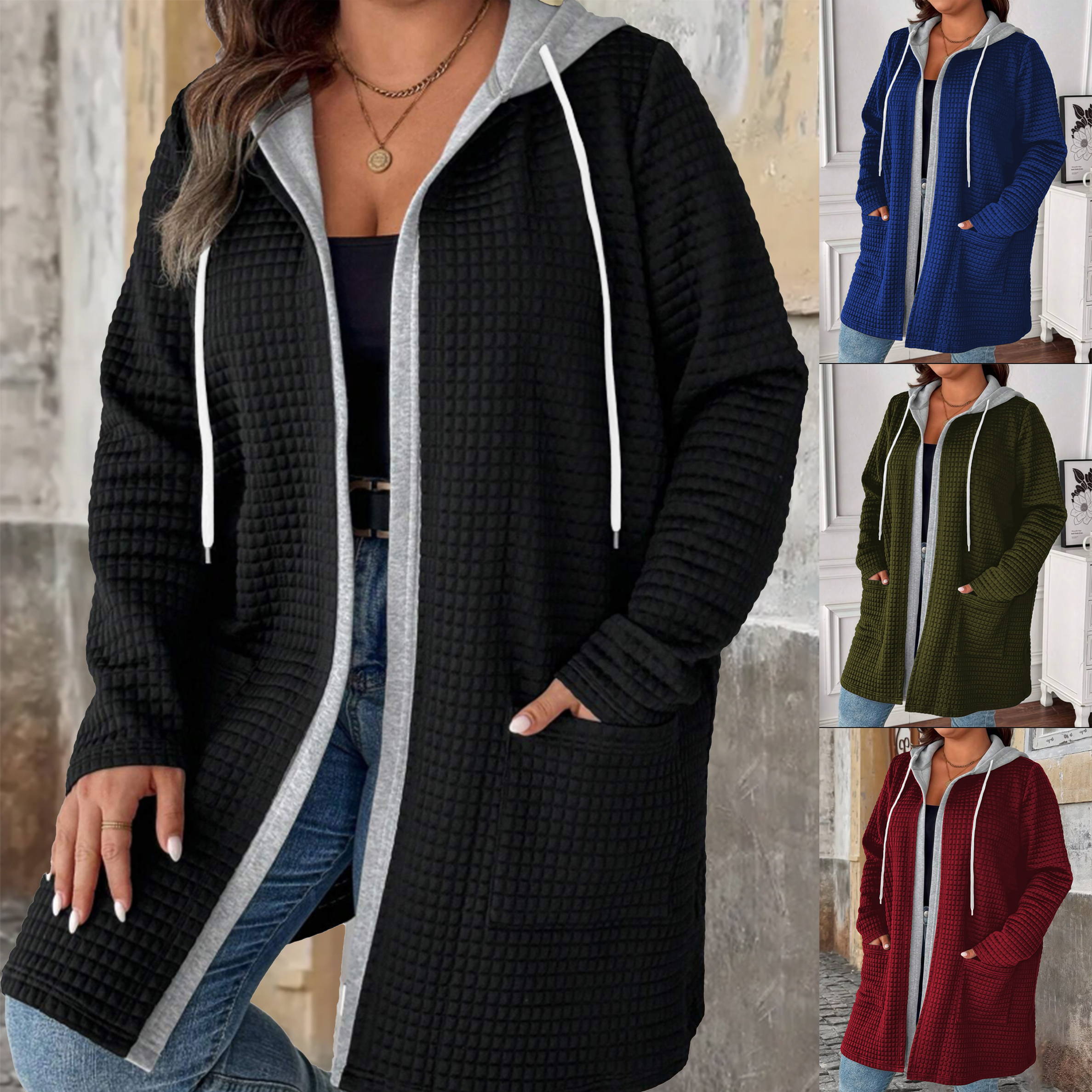 Cardigan com capuz falso de duas peças plus size com bolsos e cordão, casaco feminino longo chique outono/inverno