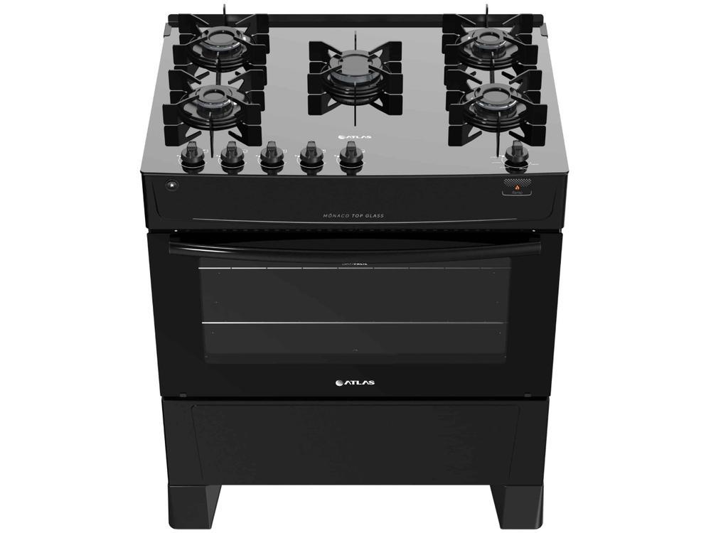 Fogão 5 Bocas Atlas Preto Mesa de Vidro Mônaco Top Glass - Bivolt