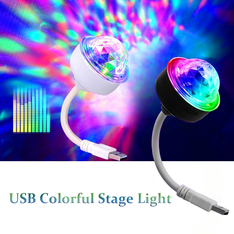 6W Mini USB Colorful Stage Light 360° All-round Rotation LED Projector Light DJ Car Voice Controlled Atmosphere Lights for Party