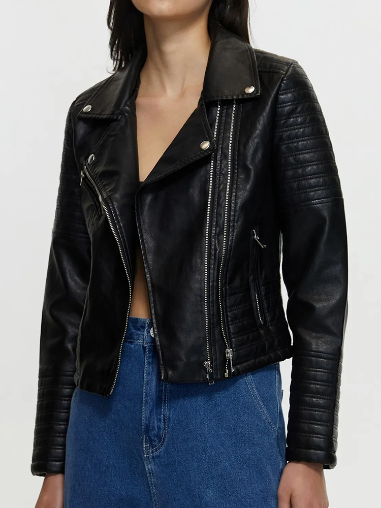 Ailegogo primavera outono feminino fino ajuste moto motociclista plutônio jaqueta de couro falso streetwear feminino casaco com zíper outwear