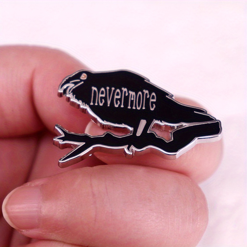 "Nevermore" Black Crow Letter Brooch Hat Backpack Pin Accessory Badge