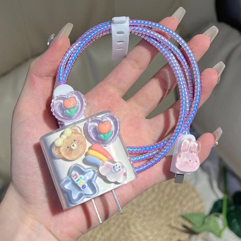 ดอกไม้สีฟ้าสายชาร์จสําหรับiPhone 15 14 13 18W20W Charger Protector 2024 ใหม่น่ารักข้อมูลสายเกลียวWinderป้องกัน