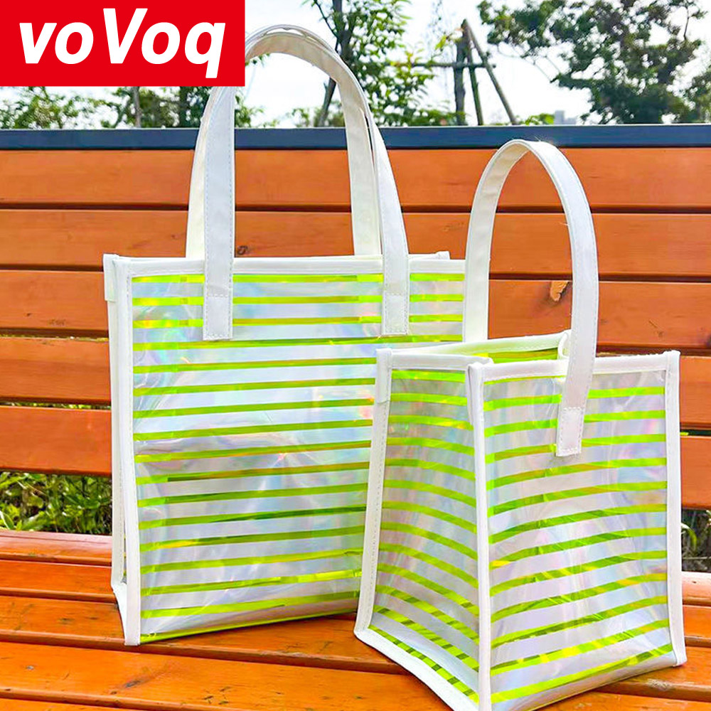 กระเป๋านักกีฬาเลเซอร์ PVC สีสันสดใส tas jeli กันน้ำความจุขนาดใหญ่ของขวัญมือถือกระเป๋าเก็บชุดว่ายน้ำผู้หญิงปรับแต่งได้