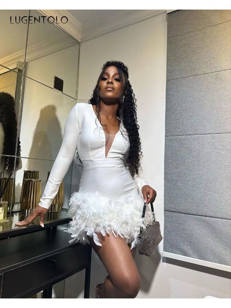 Women Sexy Feather Dress Party Deep V-neck Slim Long Sleeve Hotsweet Wrapped Hip Club New Spring Summer Date Mini Clothing