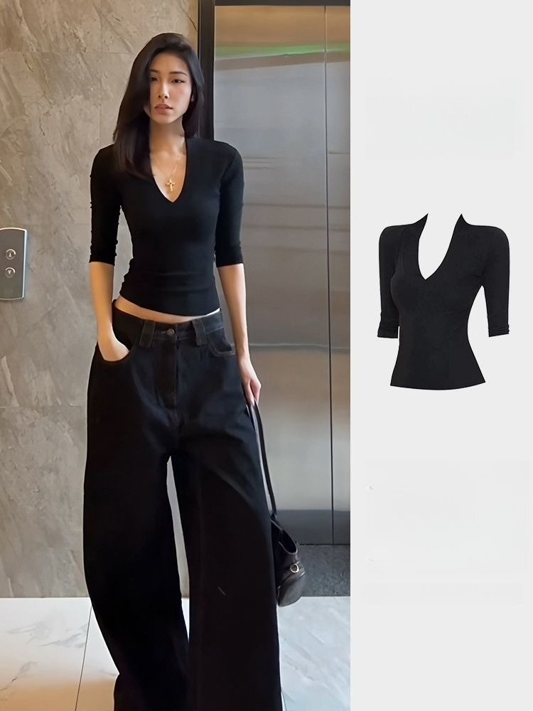 T-shirt court noir Y2K pour femme, col en V, épaules tombantes, manches courtes, coupe slim, décontracté, unique, pour l'été, vêtements Pro Choice pour femme
