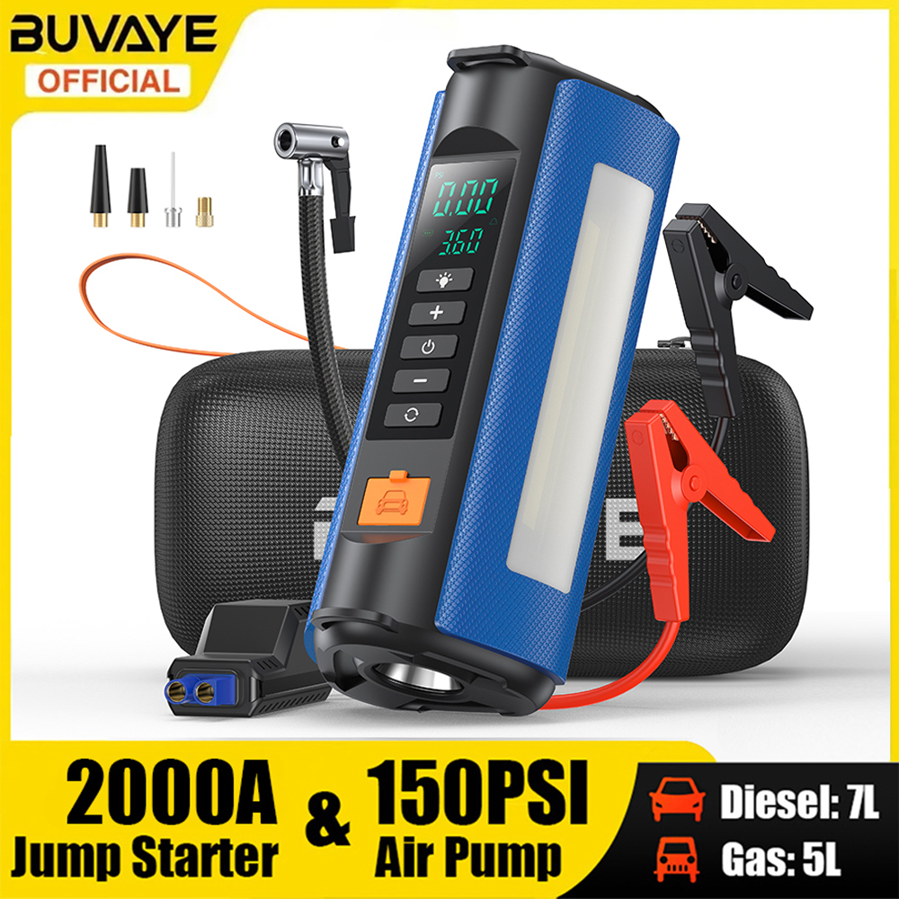 Compresor de aire de arranque BUVAYE con banco de energía, refuerzo de batería máxima de 1500A, bomba eléctrica de 150PSI, arrancador de coche de 12V con iluminación