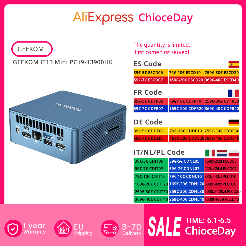 GEEKOM-Mini PC Intel Core i9-13900HK, 14 Núcleos Max, 5,4 GHz, ROM 32GB, SSD 1TB, 2 * HDMI2.0 + 2 * USB 4.0 Quad Display, WiFi 6E, BT 5.2