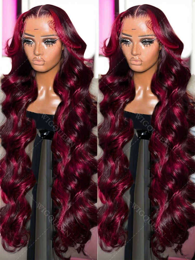 Parrucche dell'onda del corpo con evidenziazione rossa 1B / 99J Pronto da indossare Parrucche Glueless per capelli umani frontali in pizzo 5x5 Borgogna con parrucche colorate nere